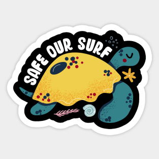 Safe our Surf quote with cute sea animal turtle, starfish, coral and shell Sticker